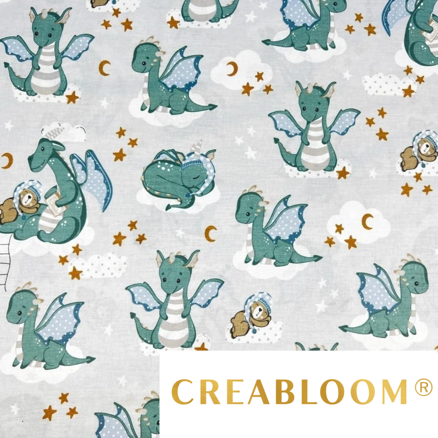 Tissu Coton Motif Dragons Fond Gris