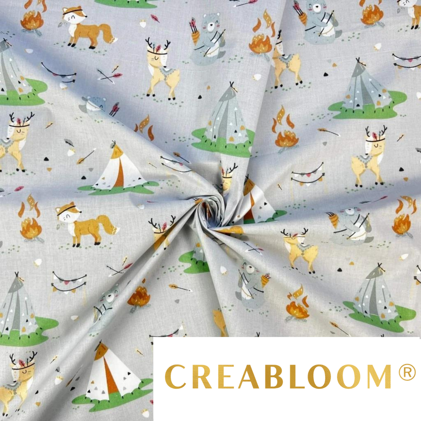 Tissu Coton Motif Animaux Indiens - Fond Gris