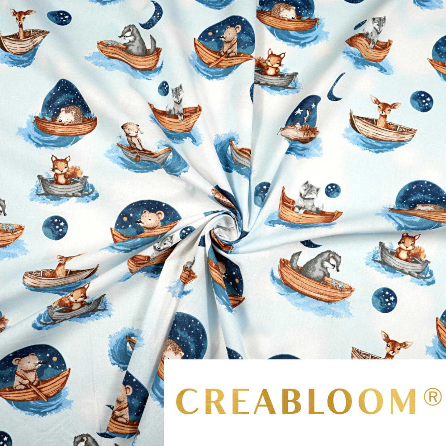 Tissu coton Motif animaux en bateau sur fond bleu
