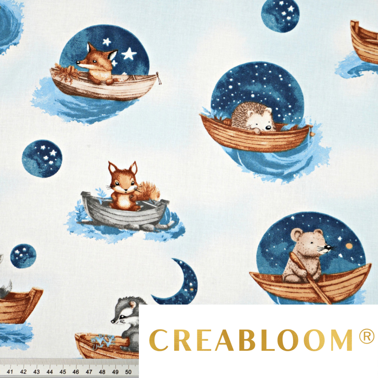 Tissu coton Motif animaux en bateau sur fond bleu