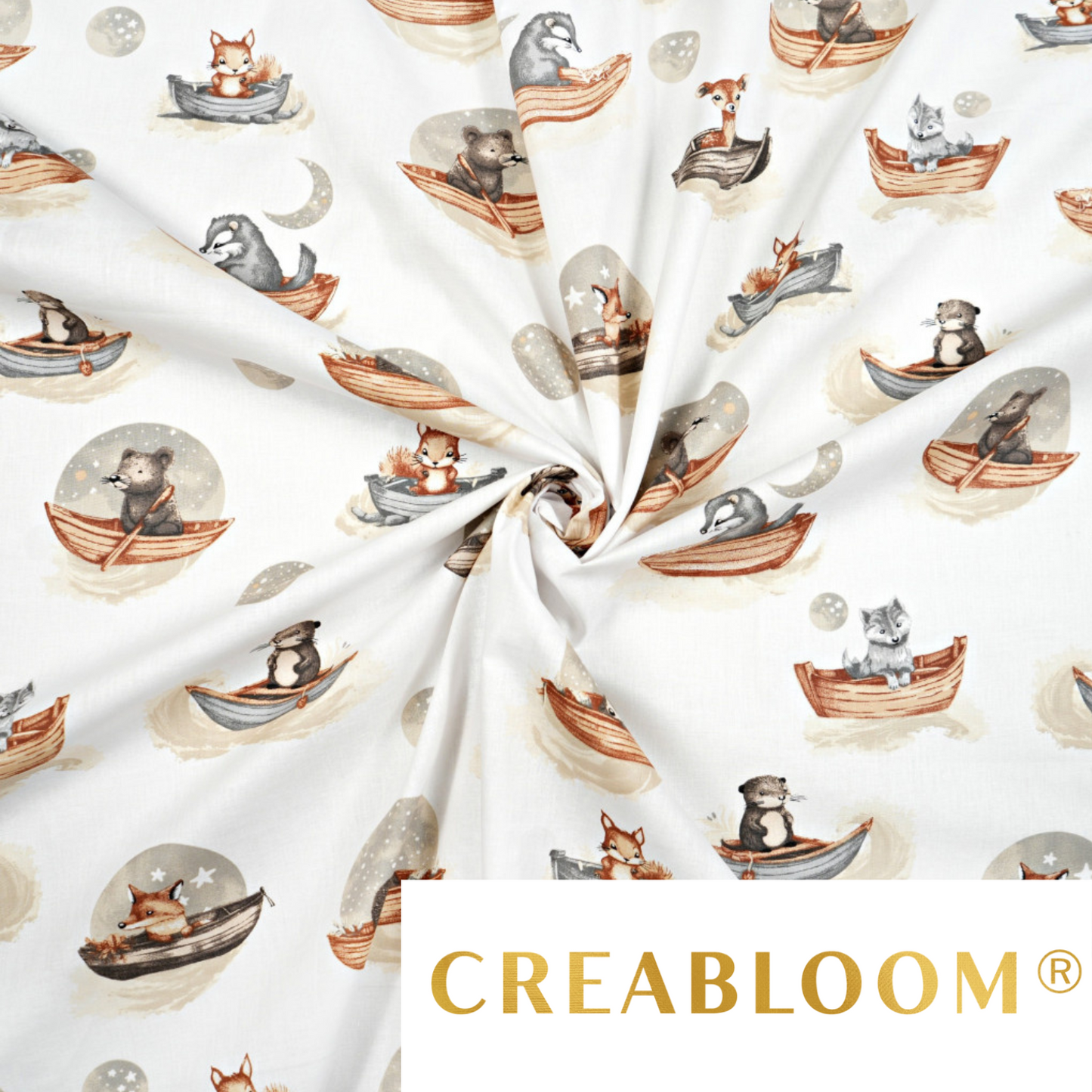 Tissu coton Motif animaux en bateau sur fond blanc