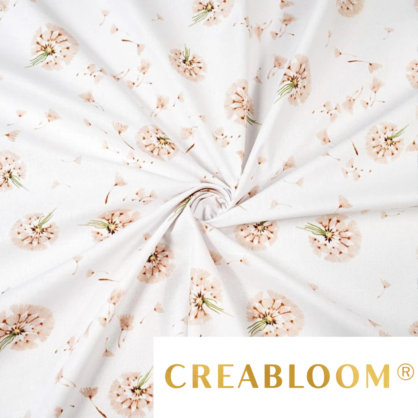 Tissu Coton Motif Pissenlits Beige Fond Blanc