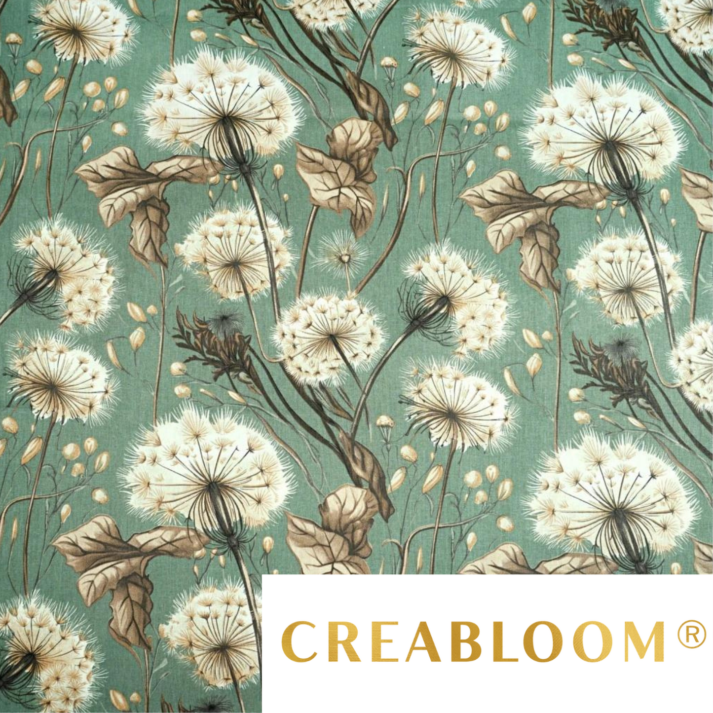 Tissu Coton Imprimé Grands Motifs Pissenlits - Beige Fond Vert Sauge