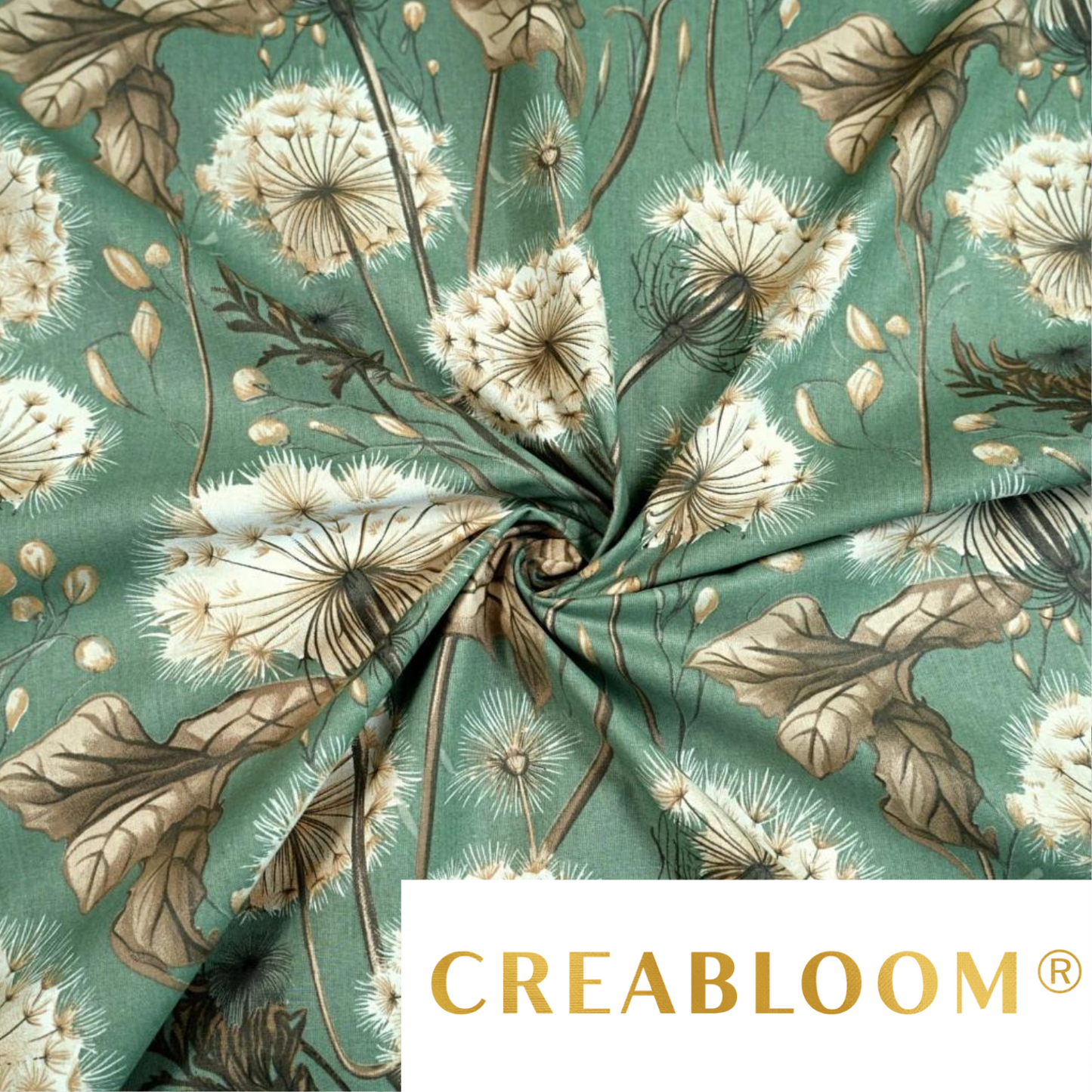 Tissu Coton Imprimé Grands Motifs Pissenlits - Beige Fond Vert Sauge