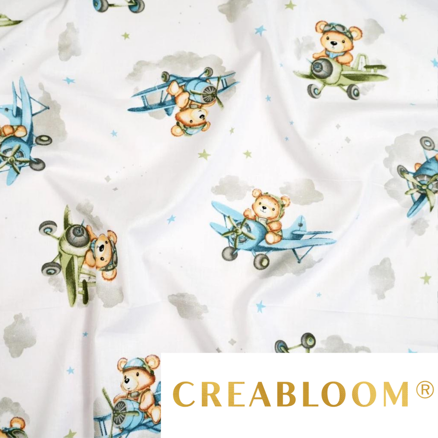 Tissu Coton Motif Oursons Aviateurs - Tons Vert Et Bleu