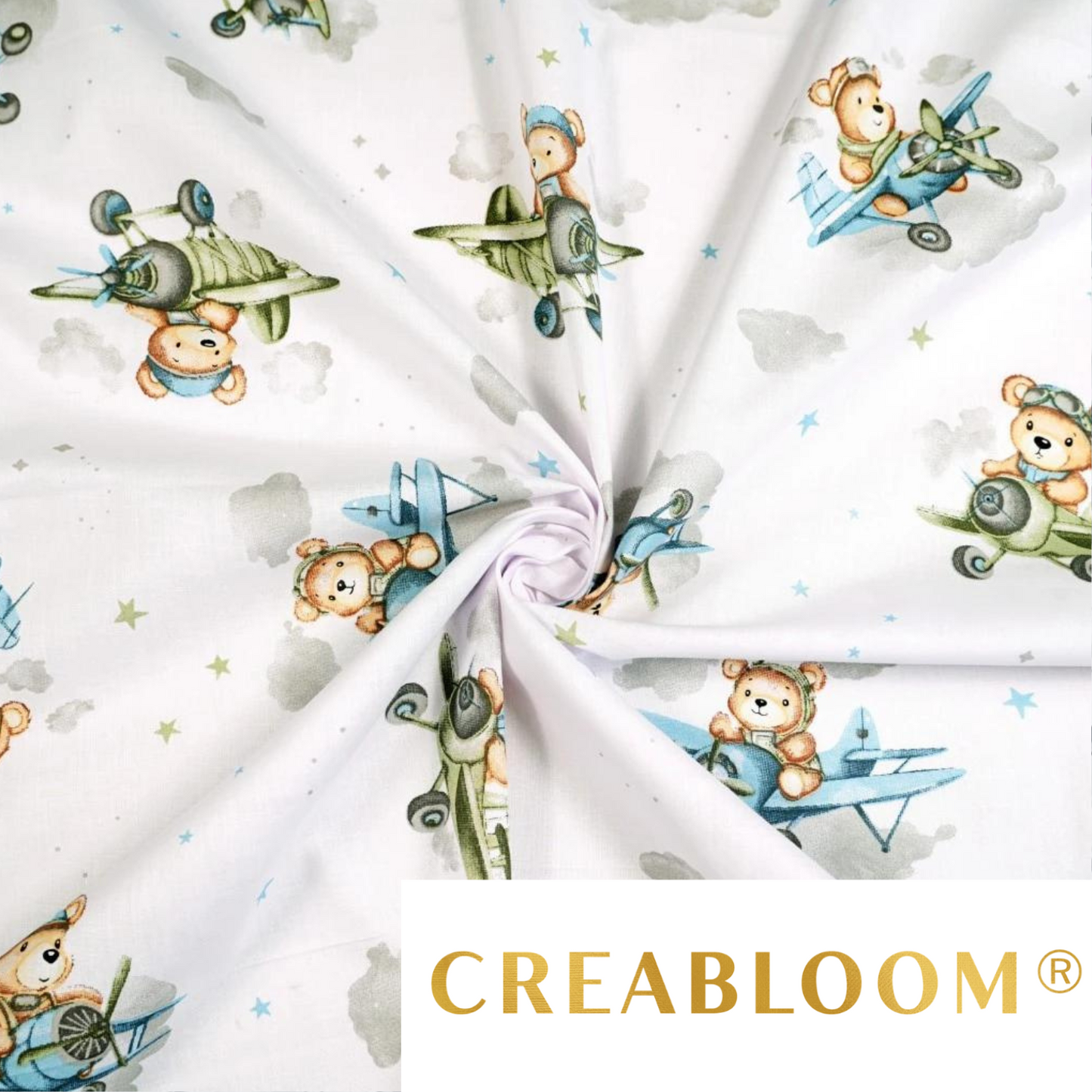 Tissu Coton Motif Oursons Aviateurs - Tons Vert Et Bleu