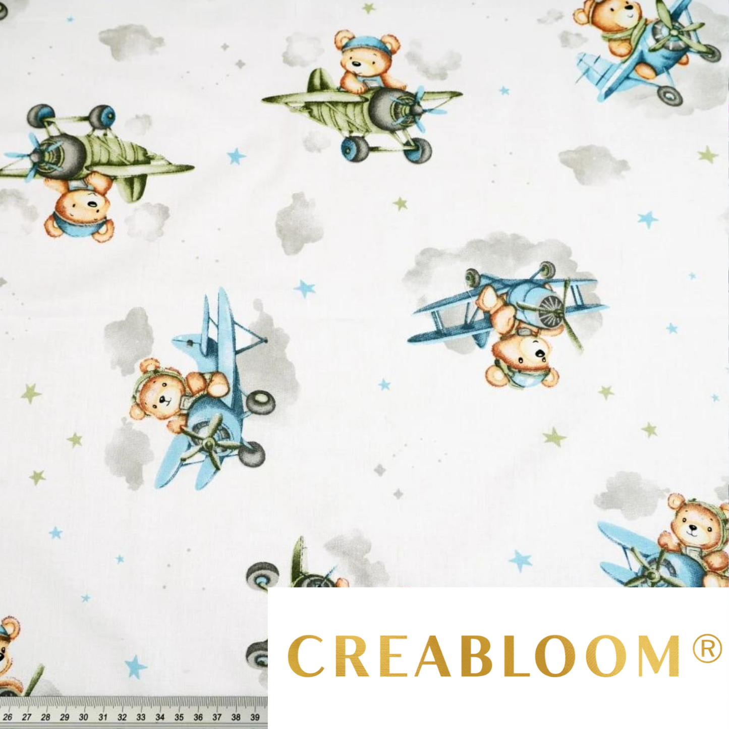 Tissu Coton Motif Oursons Aviateurs - Tons Vert Et Bleu