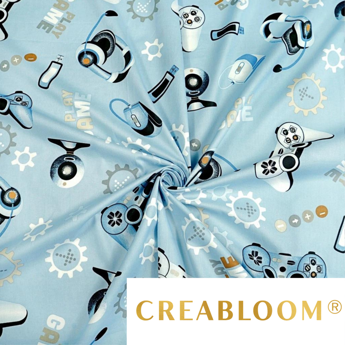 Tissu Coton Motif Jeux Vidéo Fond Bleu Clair