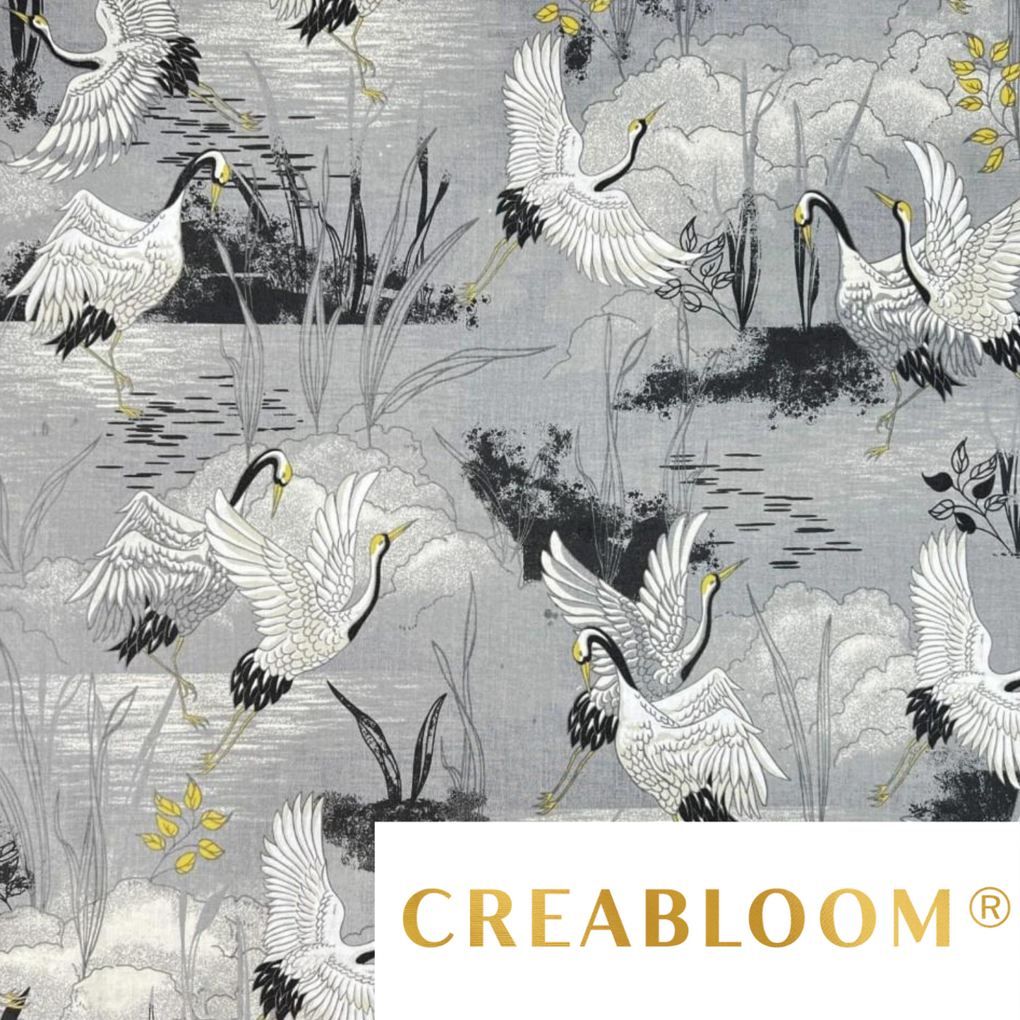 Tissu Coton Imprimé Oiseaux Et Nuages Fond Gris