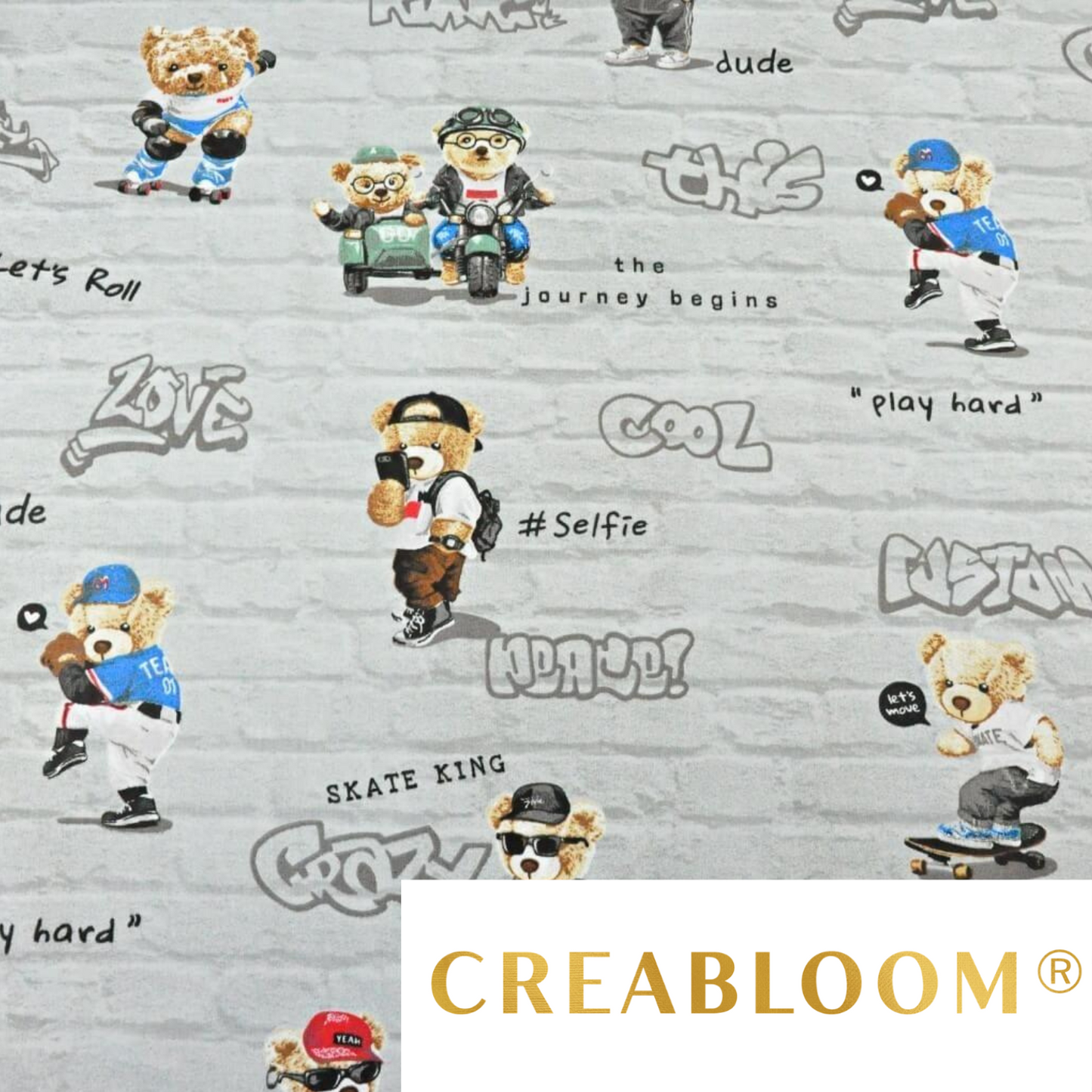 Tissu Coton Motif Oursons Tendance Avec Briques Grises