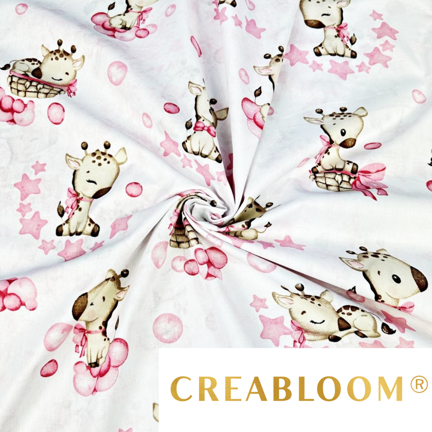 Tissu Coton Motif Bébés Girafes Rose