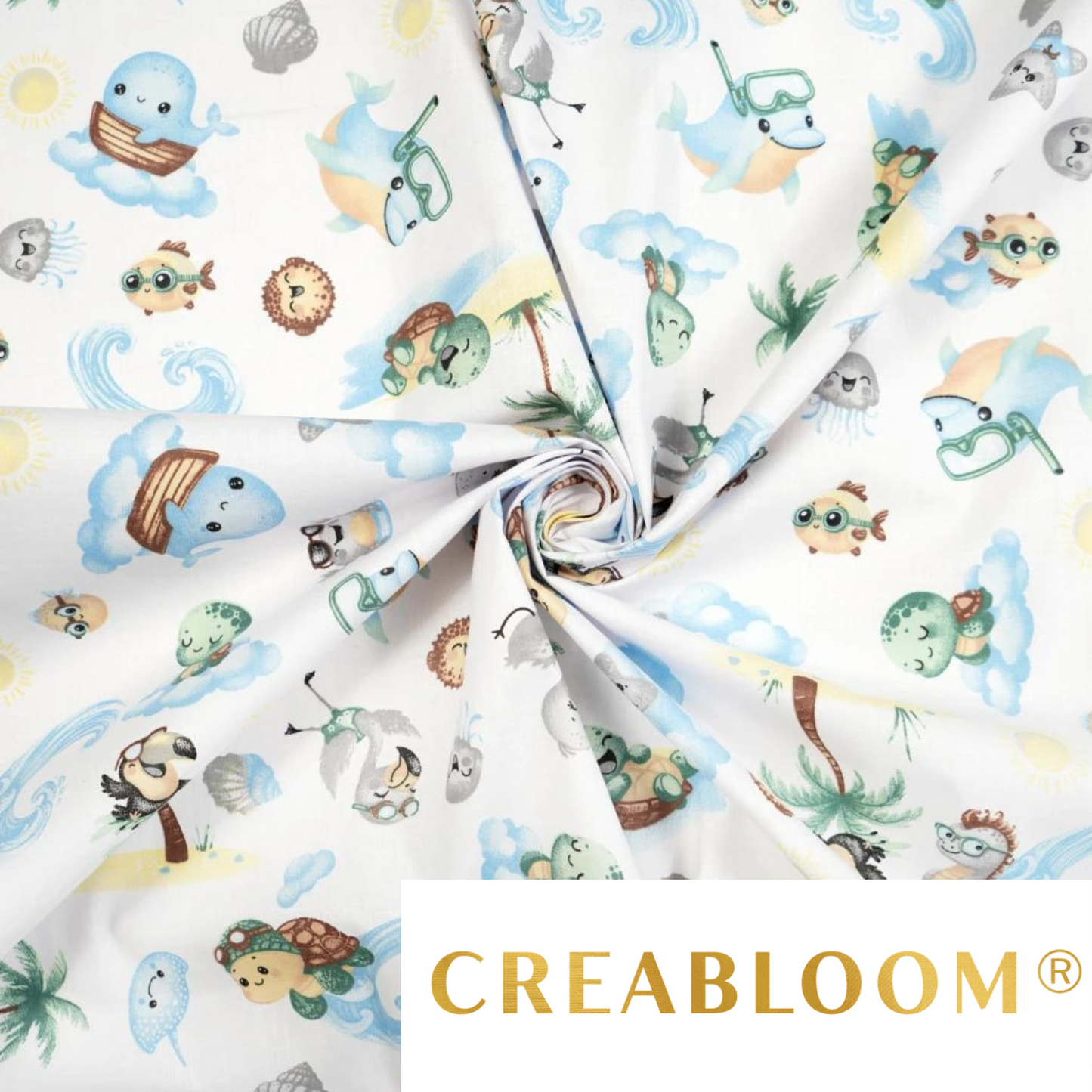 Tissu Coton Motif Animaux De La Mer Fond Blanc