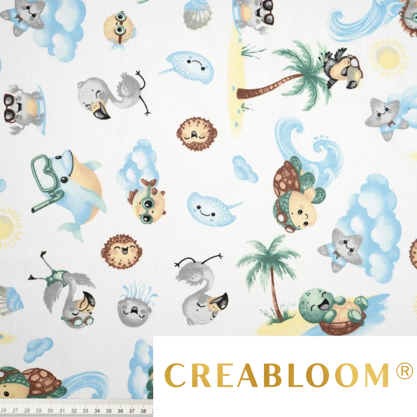 Tissu Coton Motif Animaux De La Mer Fond Blanc