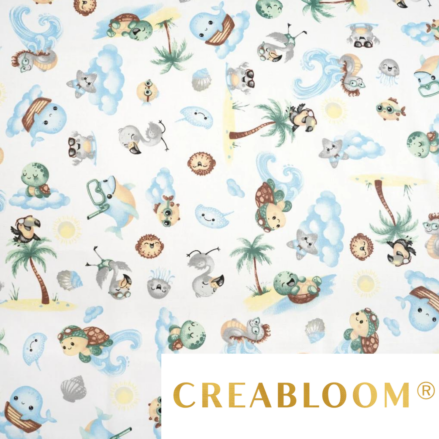 Tissu Coton Motif Animaux De La Mer Fond Blanc