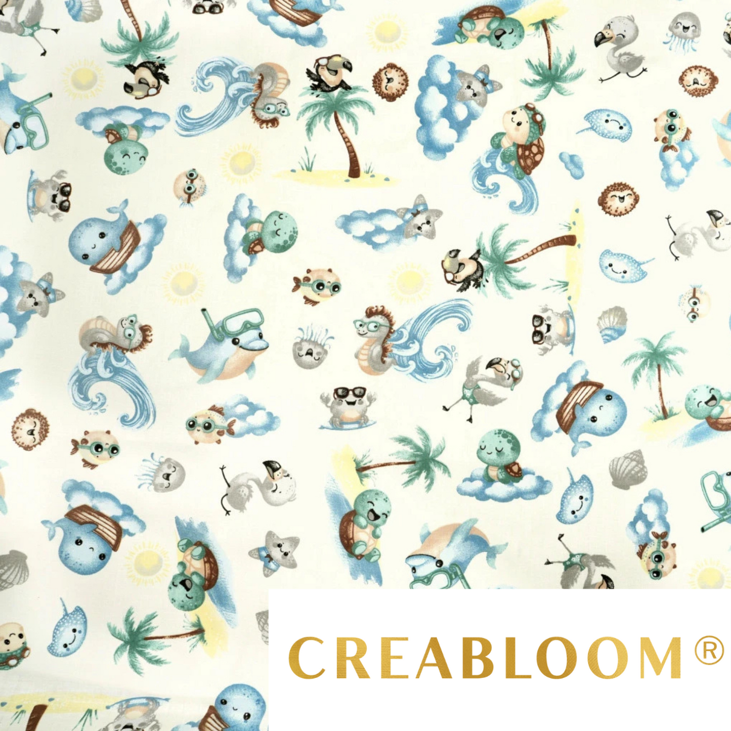 Tissu Coton Motif Animaux De La Mer Fond Ecru