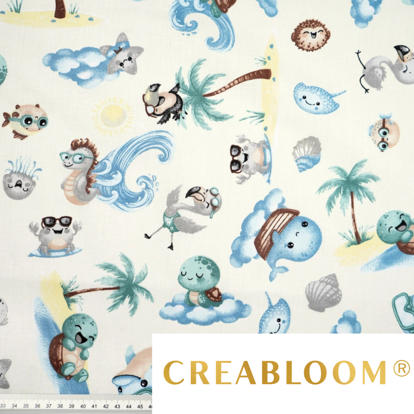 Tissu Coton Motif Animaux De La Mer Fond Ecru