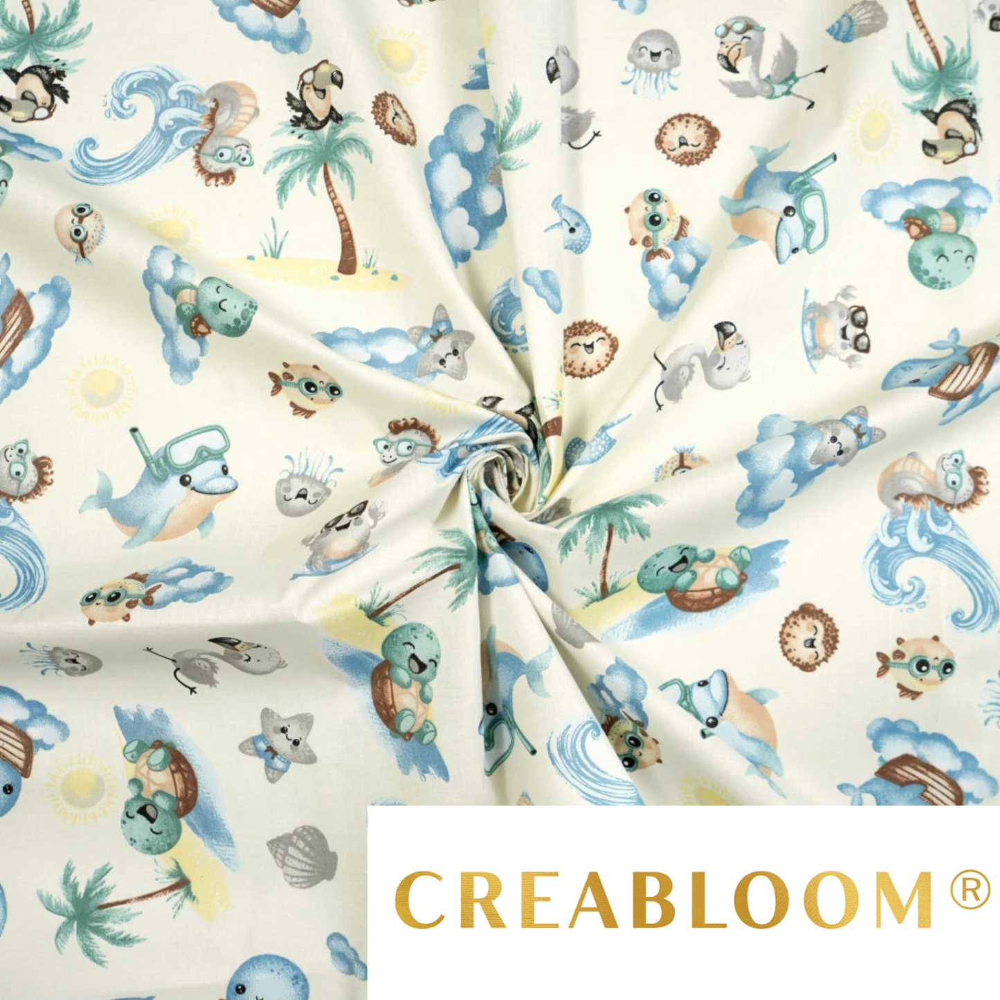 Tissu Coton Motif Animaux De La Mer Fond Ecru