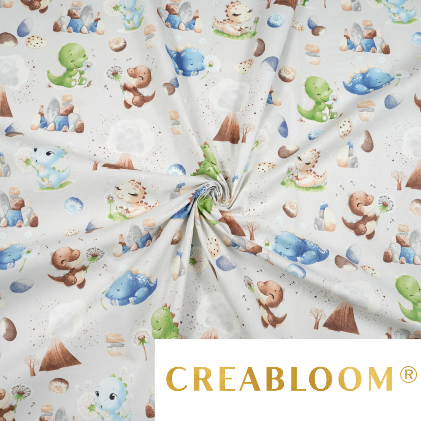 Tissu coton Motif dinosaures bleu vert avec volcan sur fond gris