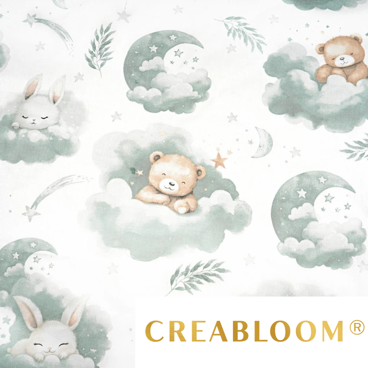 Tissu coton Motif animaux dans les nuages - vert sauge