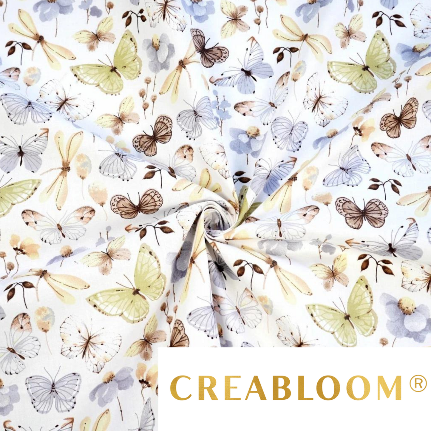 Tissu Coton Motif Fleurs Et Papillons - Beige Gris