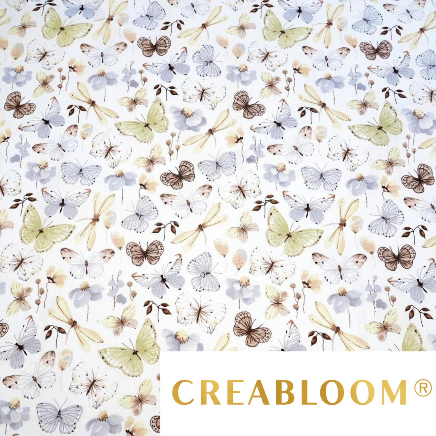 Tissu Coton Motif Fleurs Et Papillons - Beige Gris