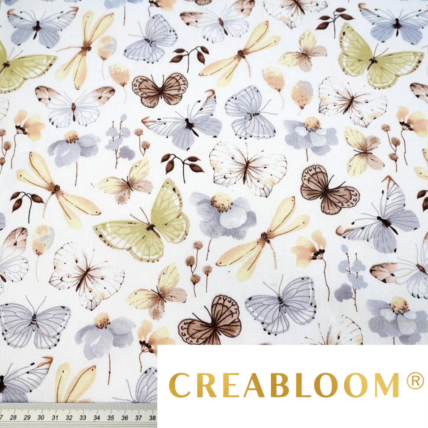 Tissu Coton Motif Fleurs Et Papillons - Beige Gris