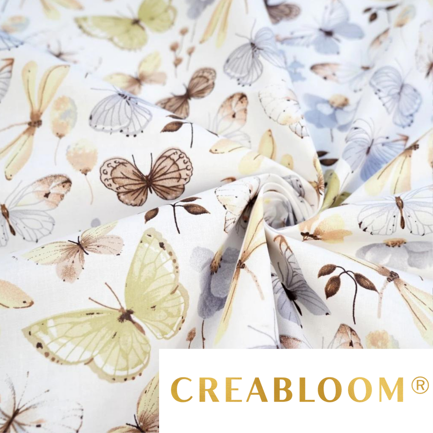 Tissu Coton Motif Fleurs Et Papillons - Beige Gris