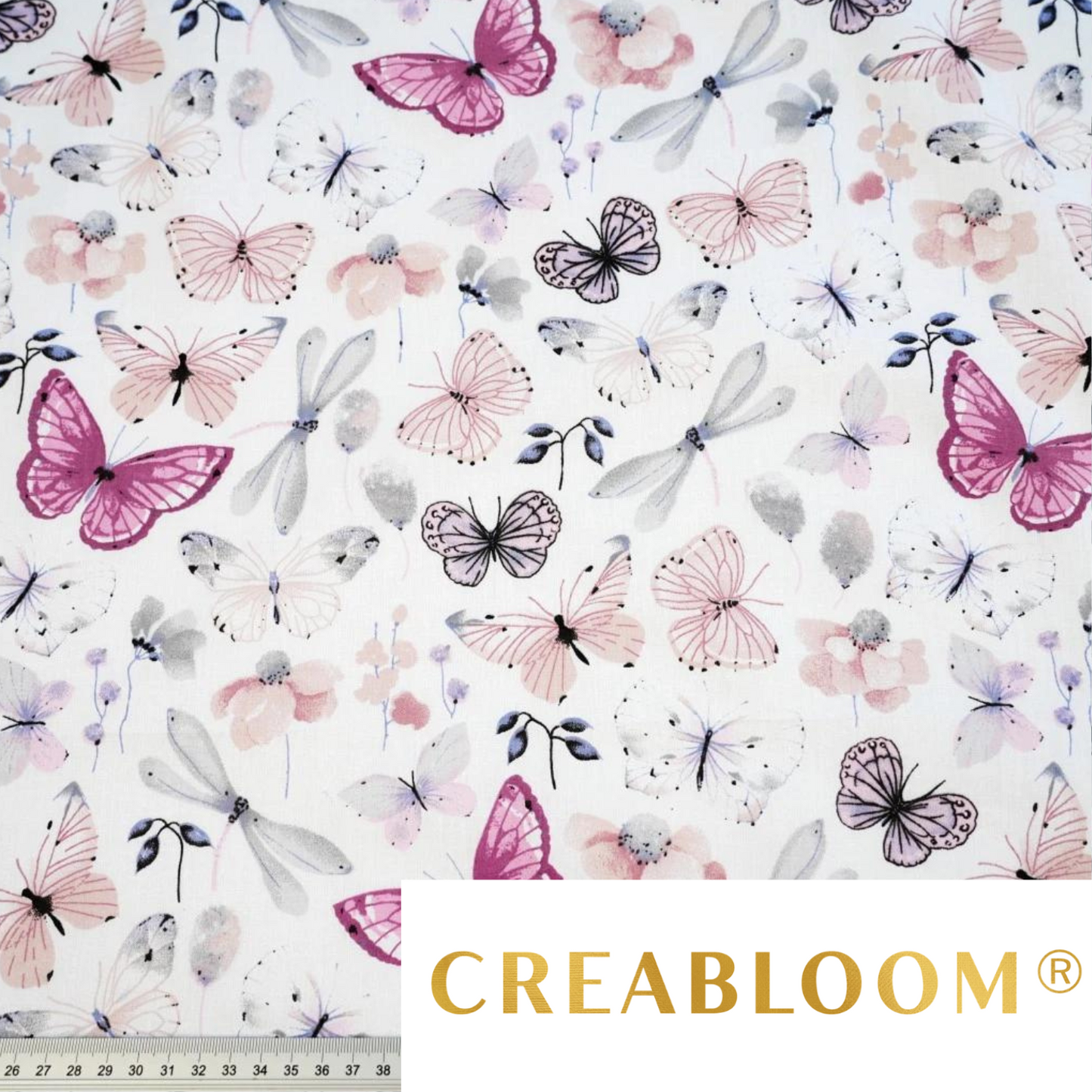 Tissu Coton Motif Fleurs Et Papillons - Rose Gris