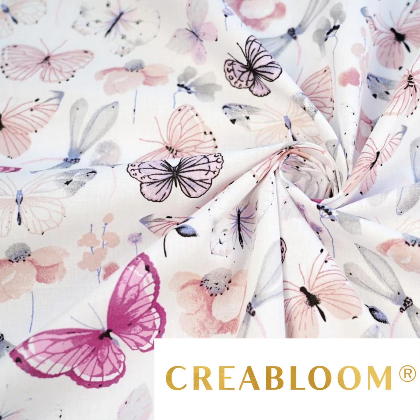 Tissu Coton Motif Fleurs Et Papillons - Rose Gris