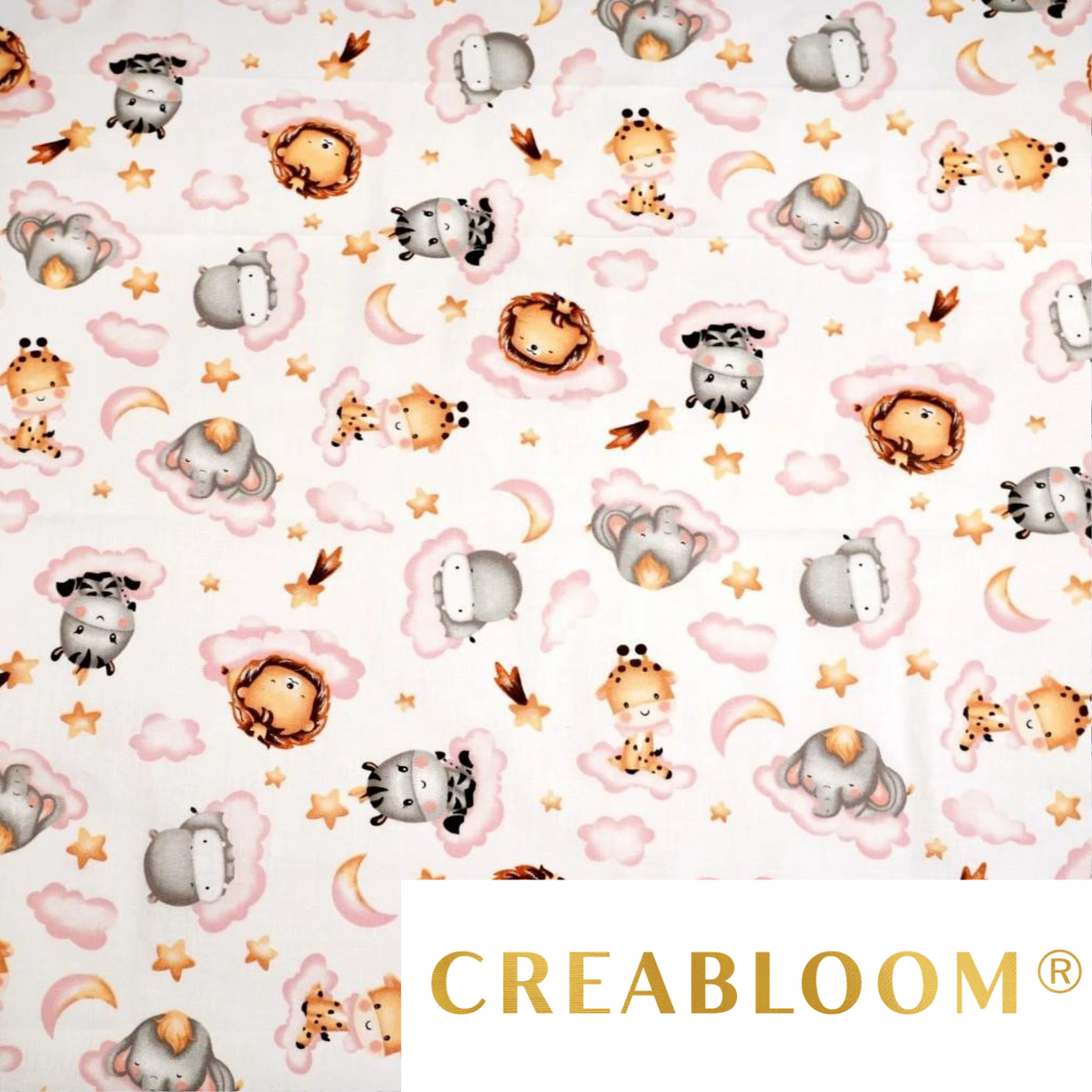 Tissu Coton Motif Animaux Nuages Roses Fond Blanc