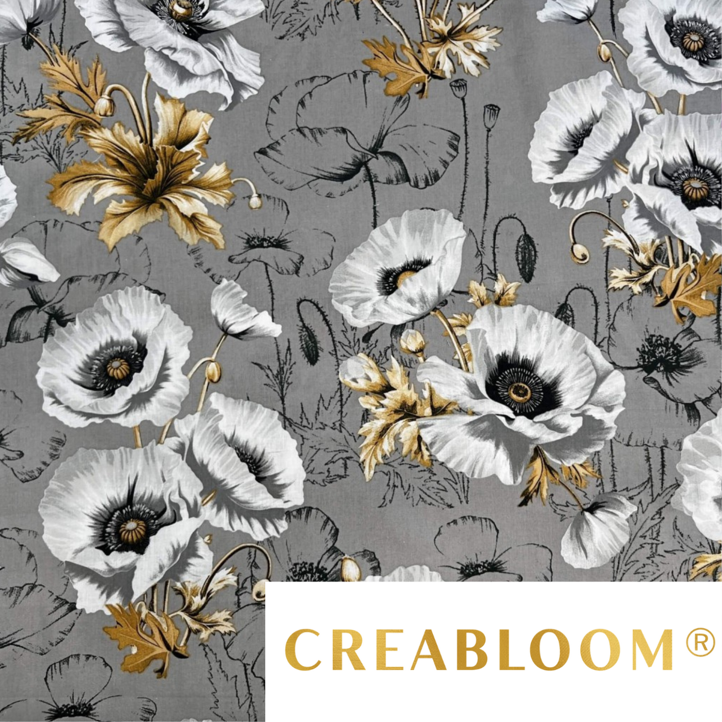 Tissu Coton Grands Motifs Coquelicots Fond Gris