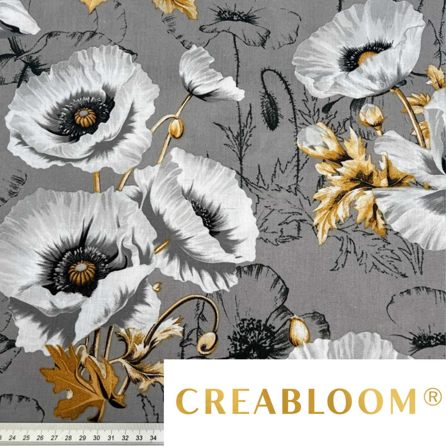 Tissu Coton Grands Motifs Coquelicots Fond Gris