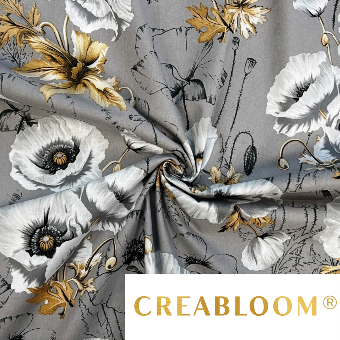 Tissu Coton Grands Motifs Coquelicots Fond Gris