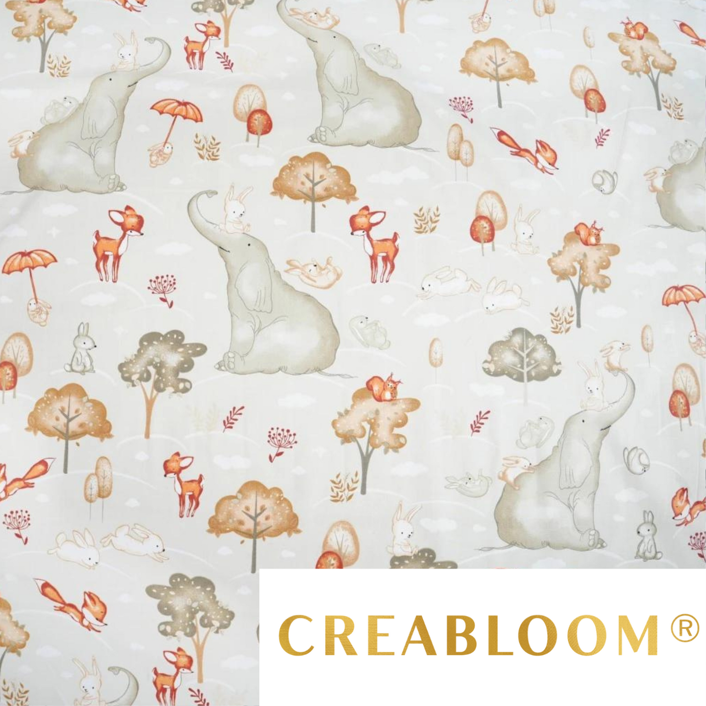 Tissu Coton Motif Grands Éléphants Fond Gris