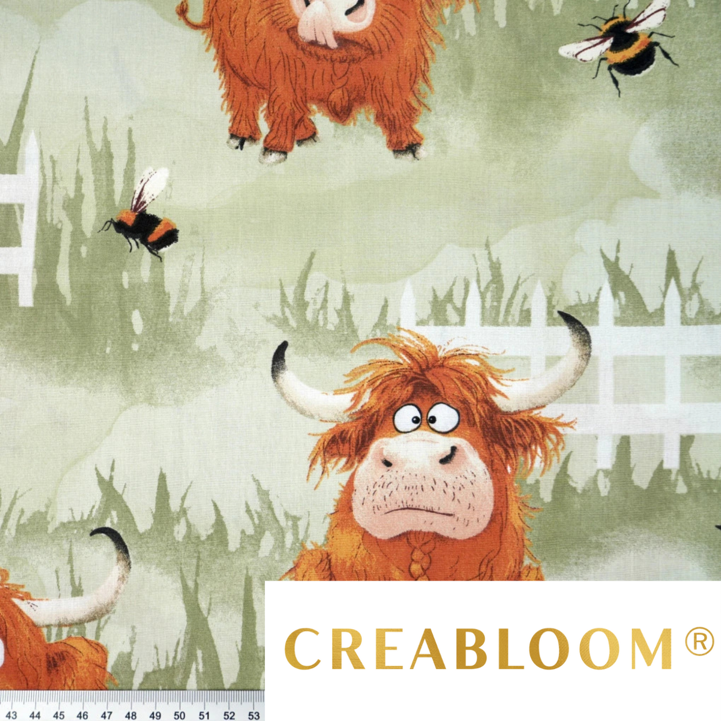 Tissu coton Motif vaches - fond olive