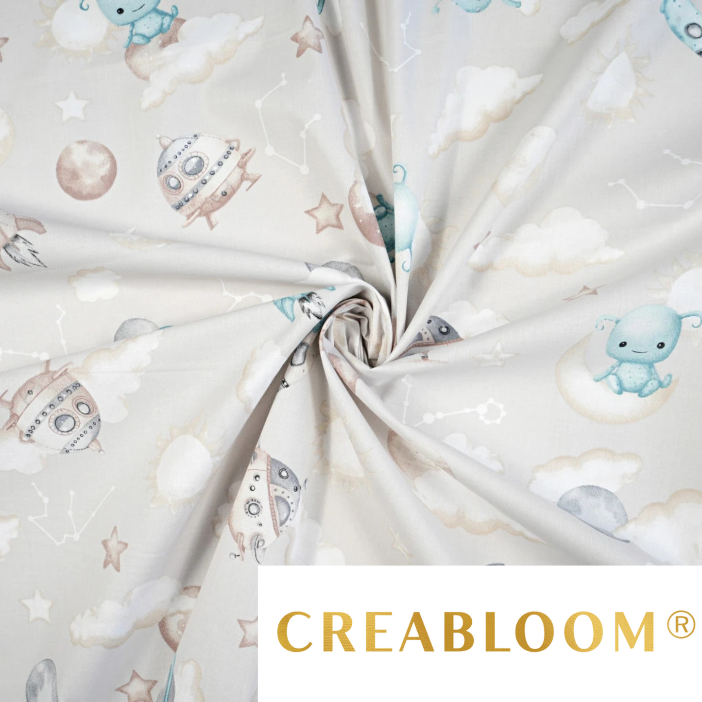 Tissu coton Motif extraterrestres dans l'espace - fond beige gris