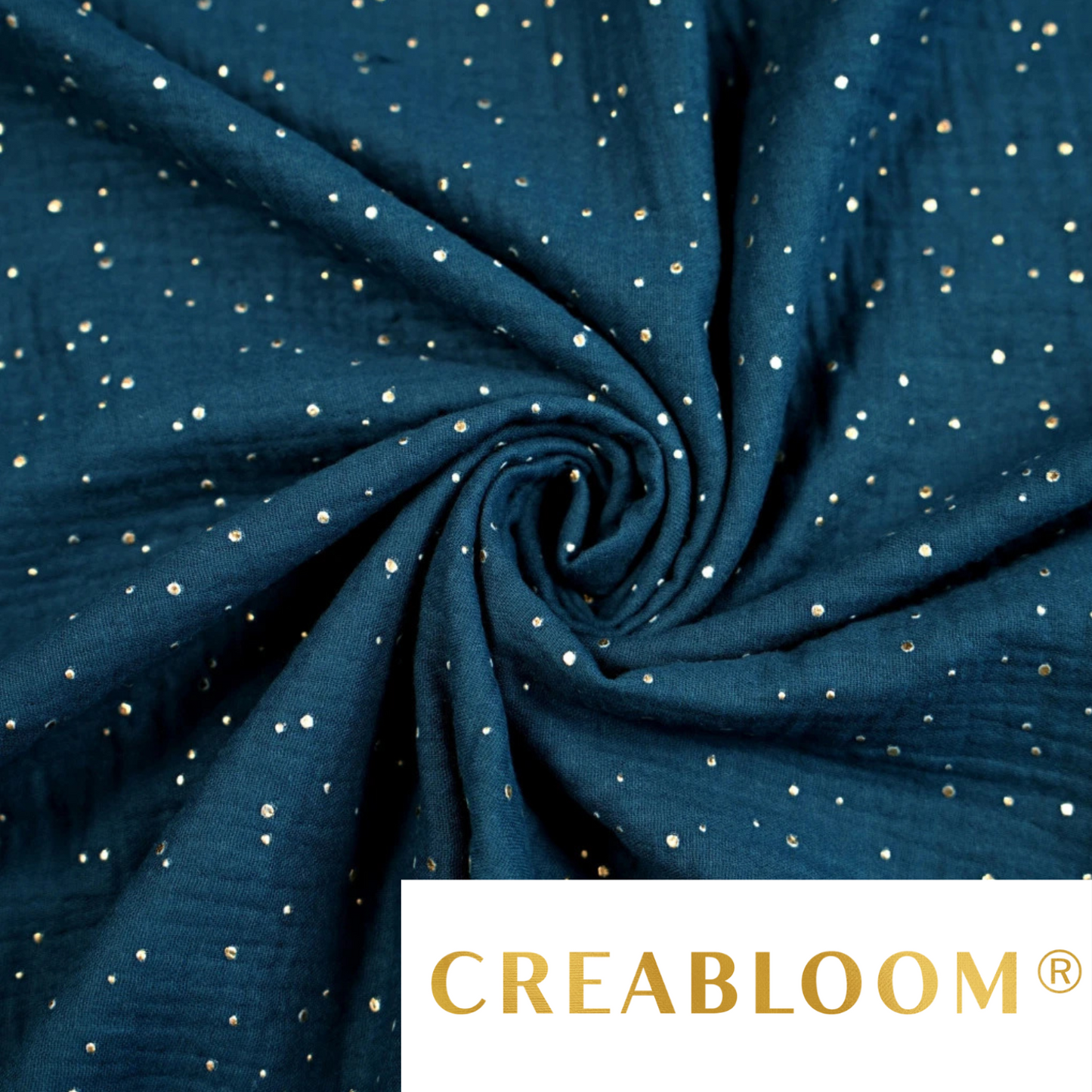 Tela de gasa doble azul oscuro con lunares dorados