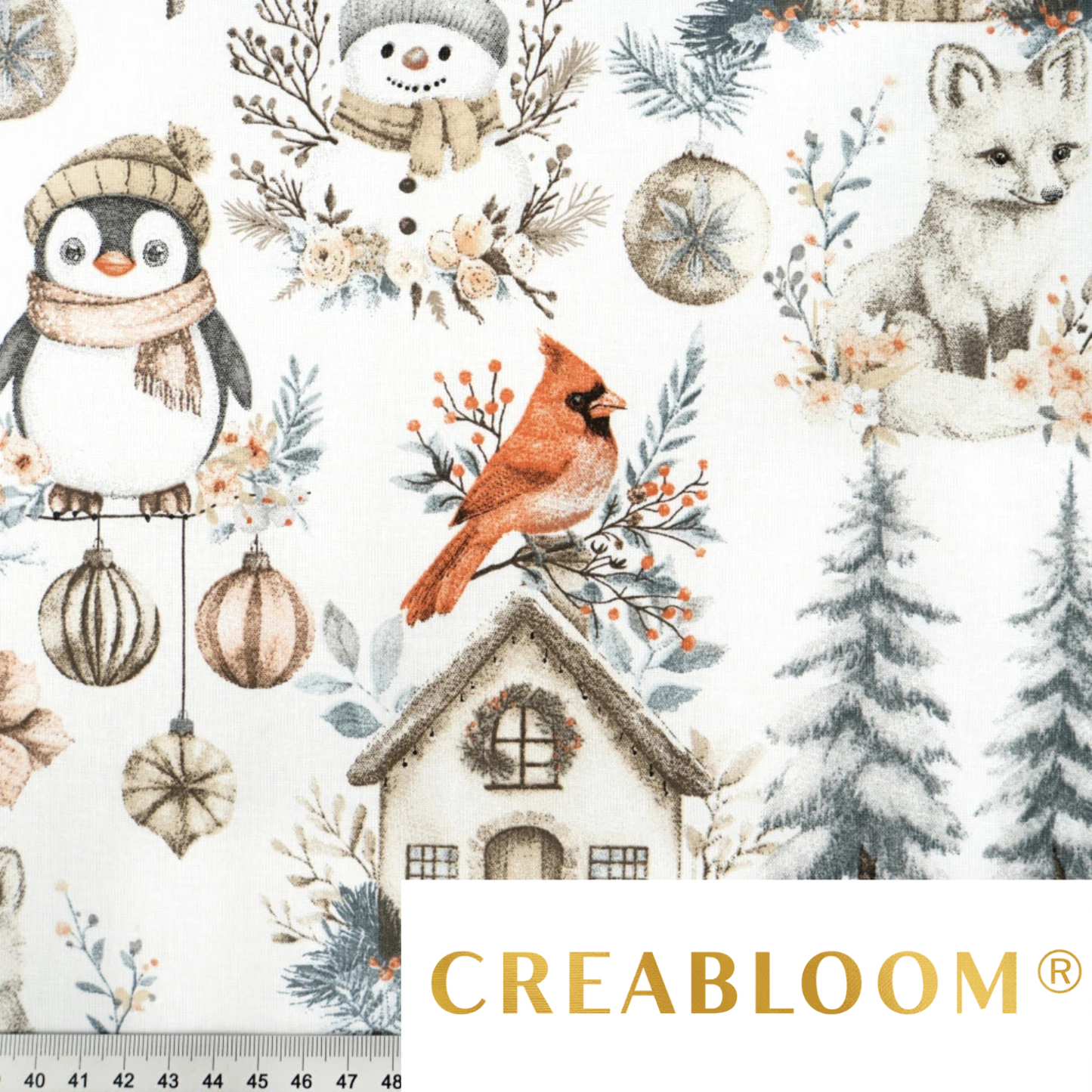 Tissu coton Motif Noël - gris et beige