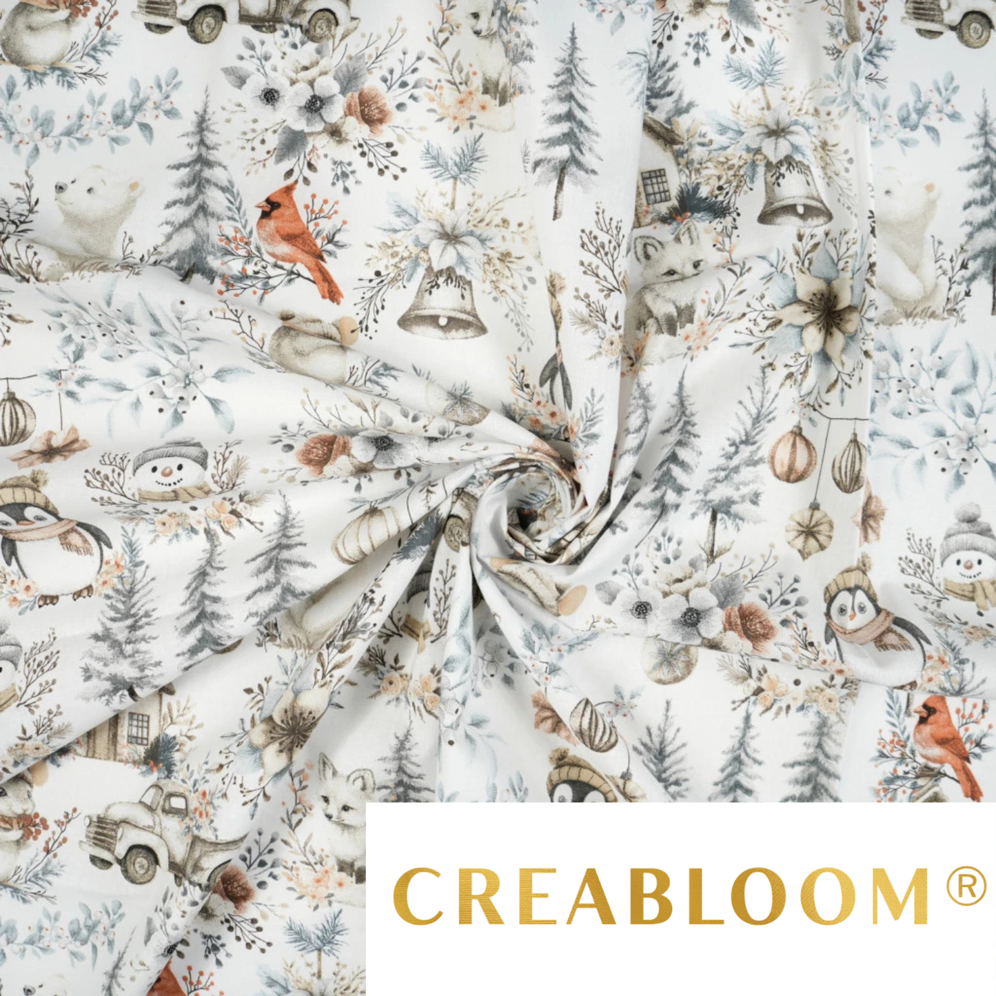 Tissu coton Motif Noël - gris et beige