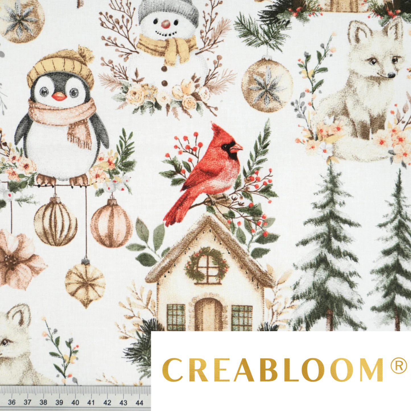 Tissu coton Motif Noël - vert et beige