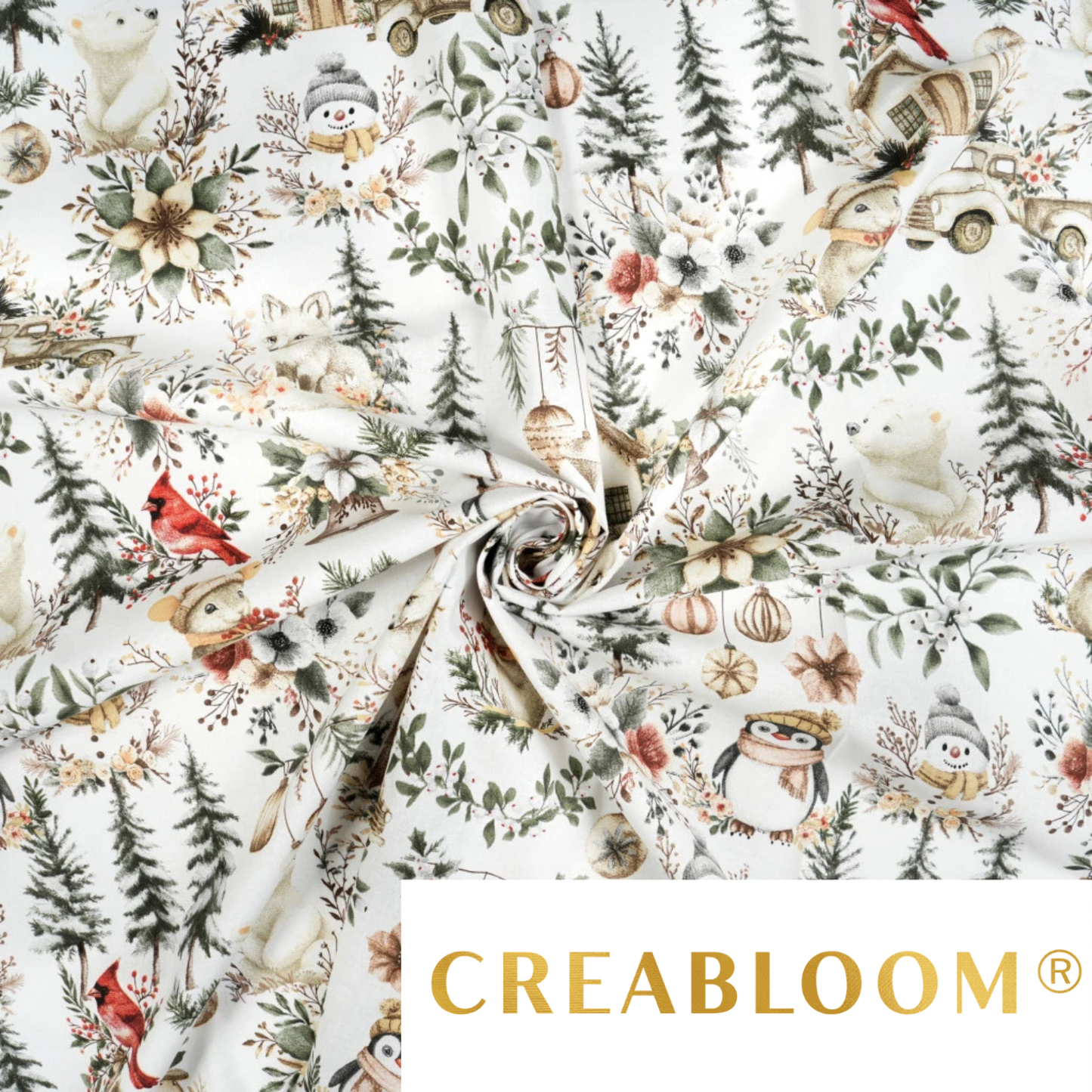 Tissu coton Motif Noël - vert et beige