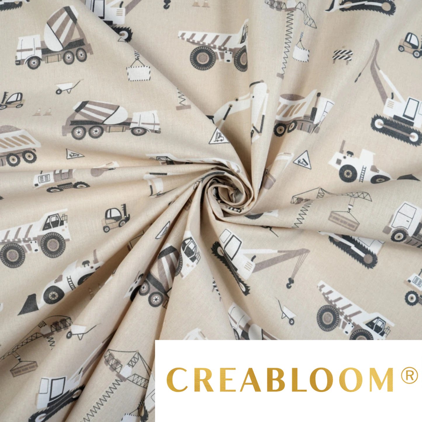 Tela de algodón con estampado de vehículos de construcción.