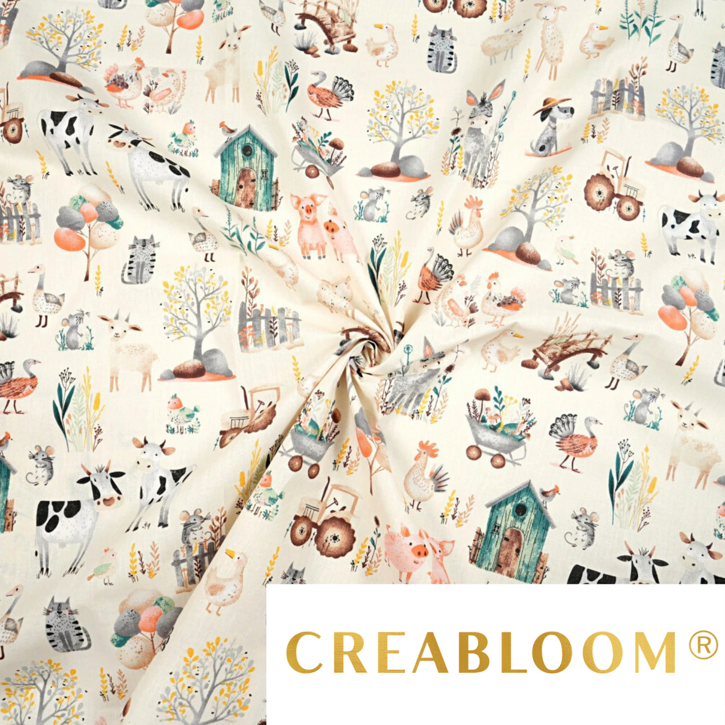 Tissu coton Motif animaux de la ferme fond écru