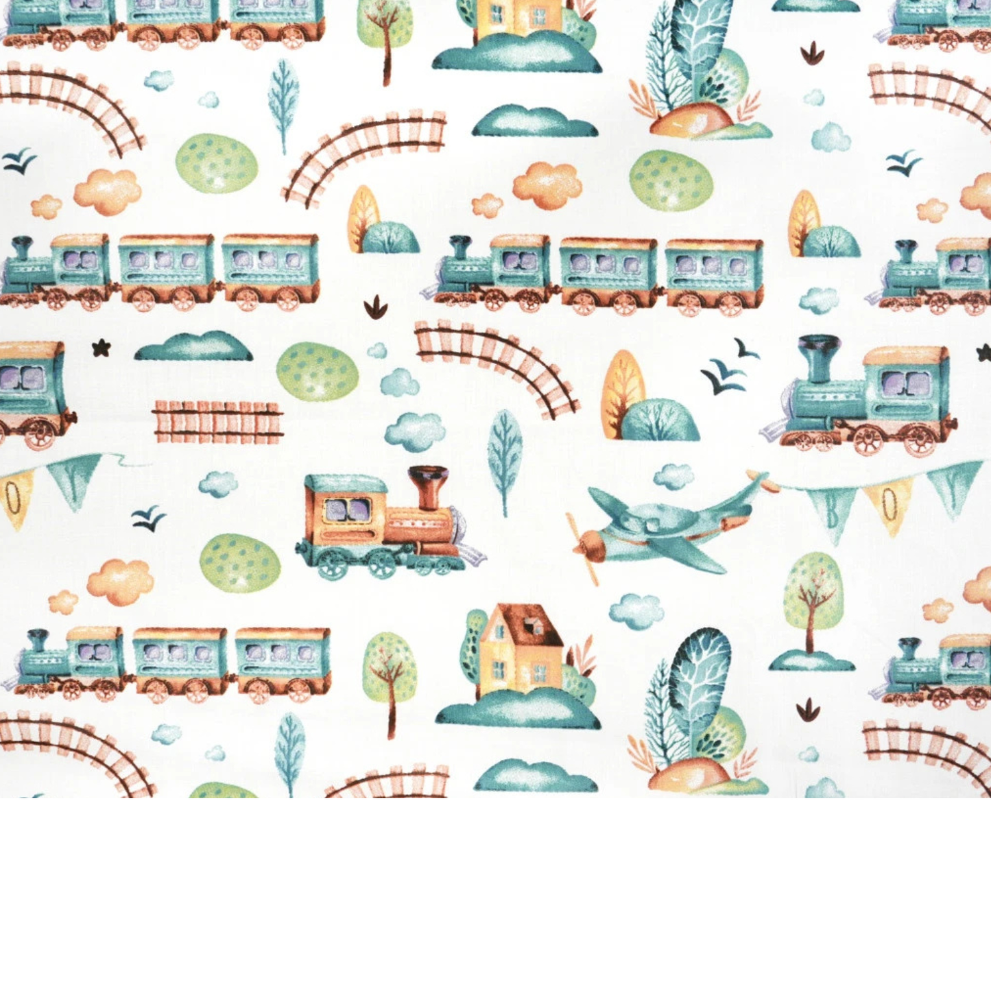 Tela de algodón con estampado de tren sobre fondo blanco