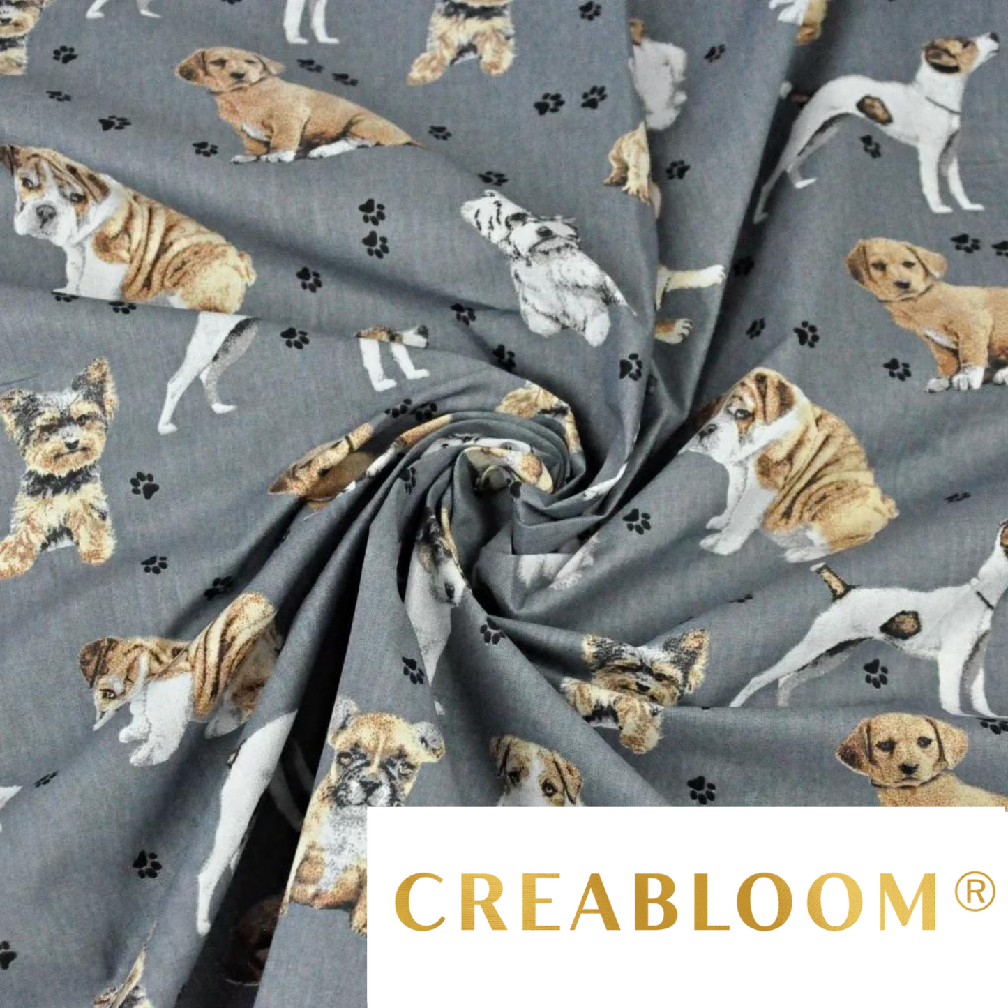 Tissu Coton Motif Chiens Fond Gris Foncé