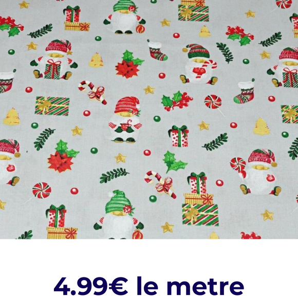 Tissu Coton Motif Noël Fond Gris