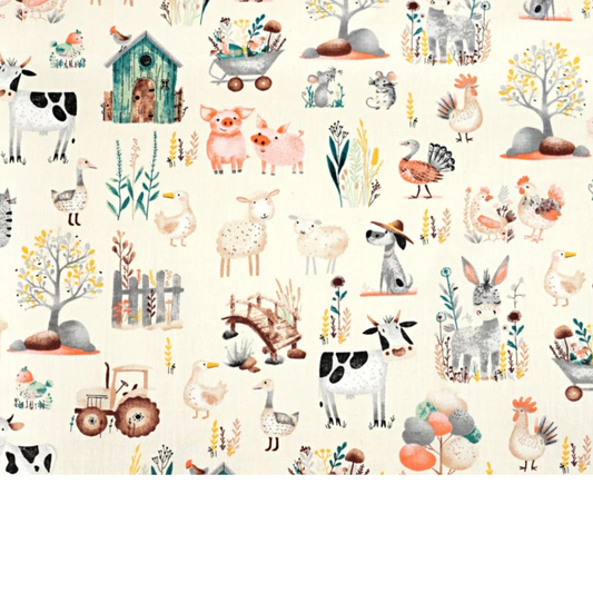 Tissu coton Motif animaux de la ferme fond écru