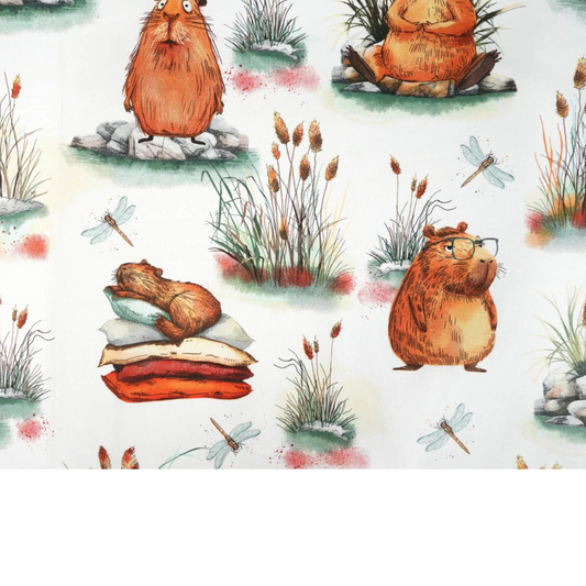 Tissu coton Motif capybara fond blanc