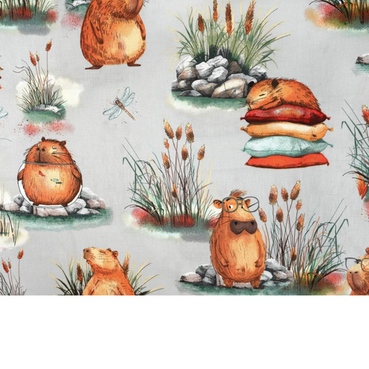Tissu coton Motif capybara fond gris