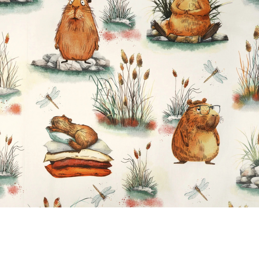 Tissu coton Motif capybara fond ecru
